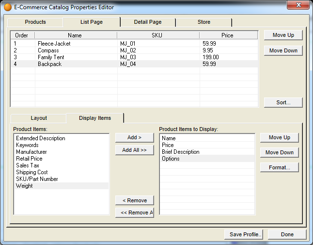 E-Commerce Catalog Properties Editor - Display Items